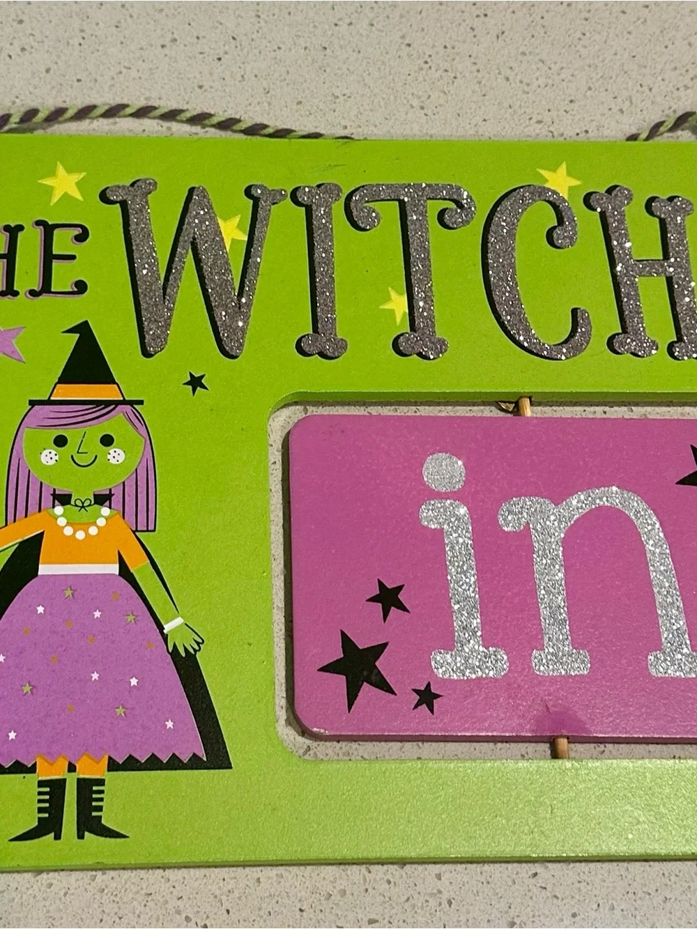 Glitter Green & Pink Witch Wall Sign